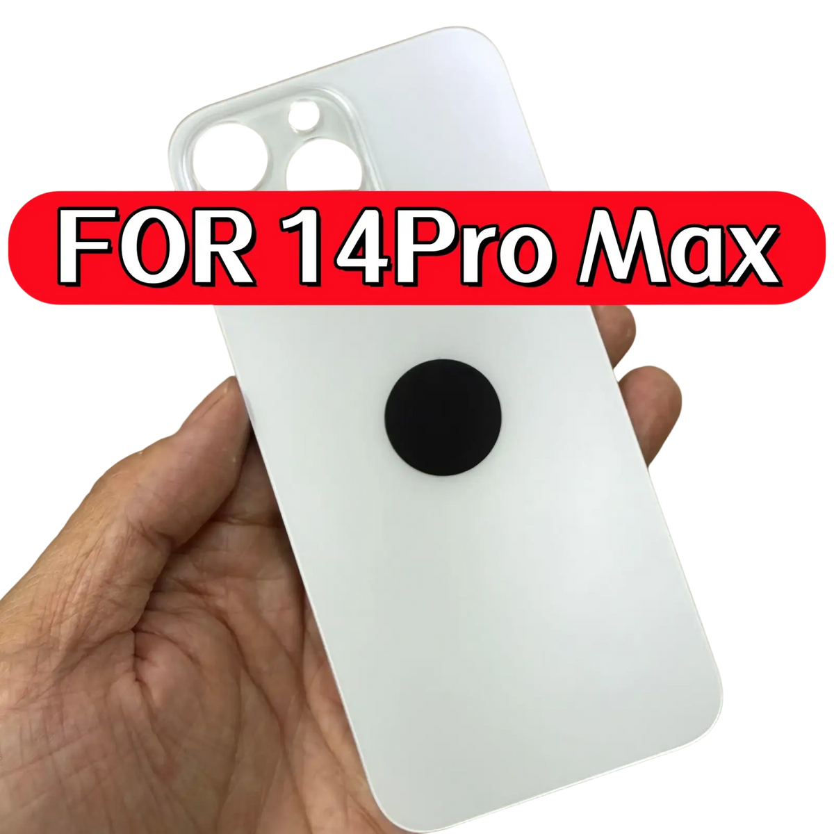 Back side of iphone 14 pro max white matte glass back cover with a black circular magnet in the center
