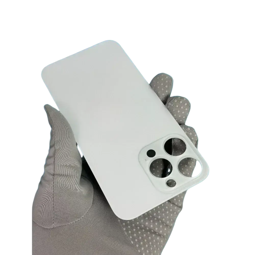 Back side of iphone 14 pro max white matte glass back cover with rectangular camera cutout for three lenses and sensor
