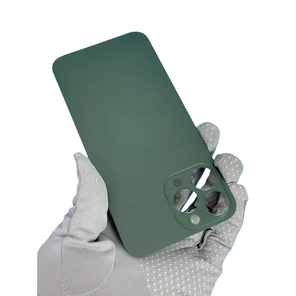 Back side of a matte sage green iphone 14 pro max white matte glass back cover with minimalist design and camera cutouts