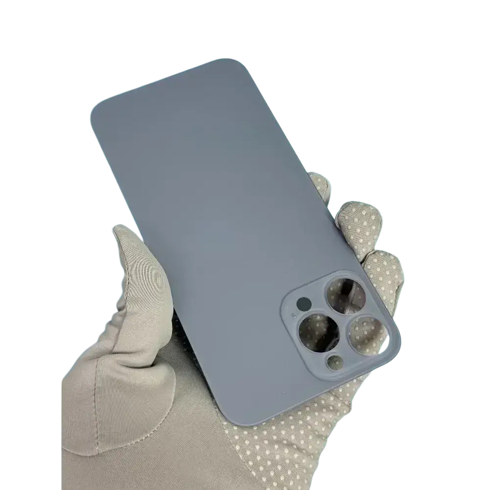 Back side of iphone 14 pro max white matte glass back cover with sleek matte gray phone case and precise cutouts