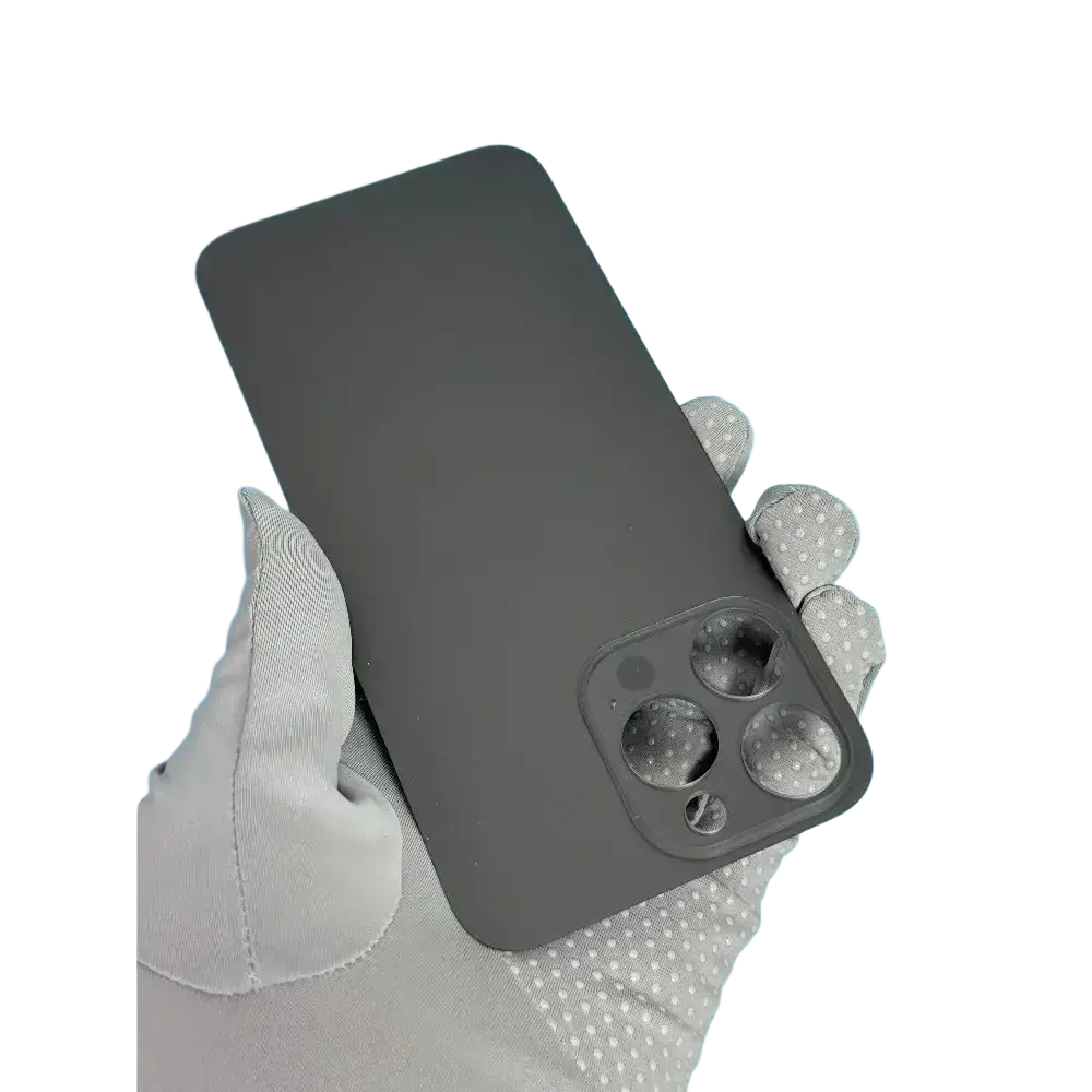 Back side of iphone 14 pro max white matte glass back cover with sleek gray matte phone case and precise camera cutouts