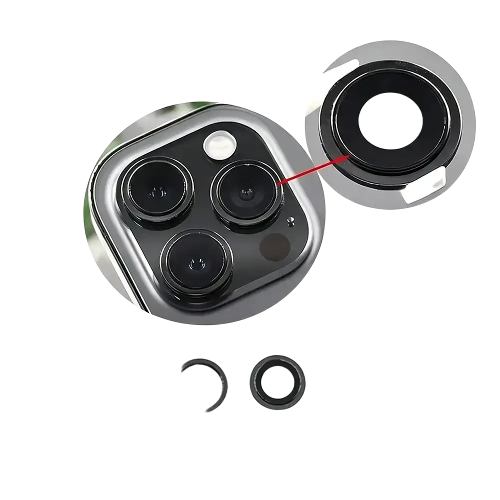 Black camera lens protector for iphone 14 series with sleek circular design and metallic silver frame modname=ckeditor