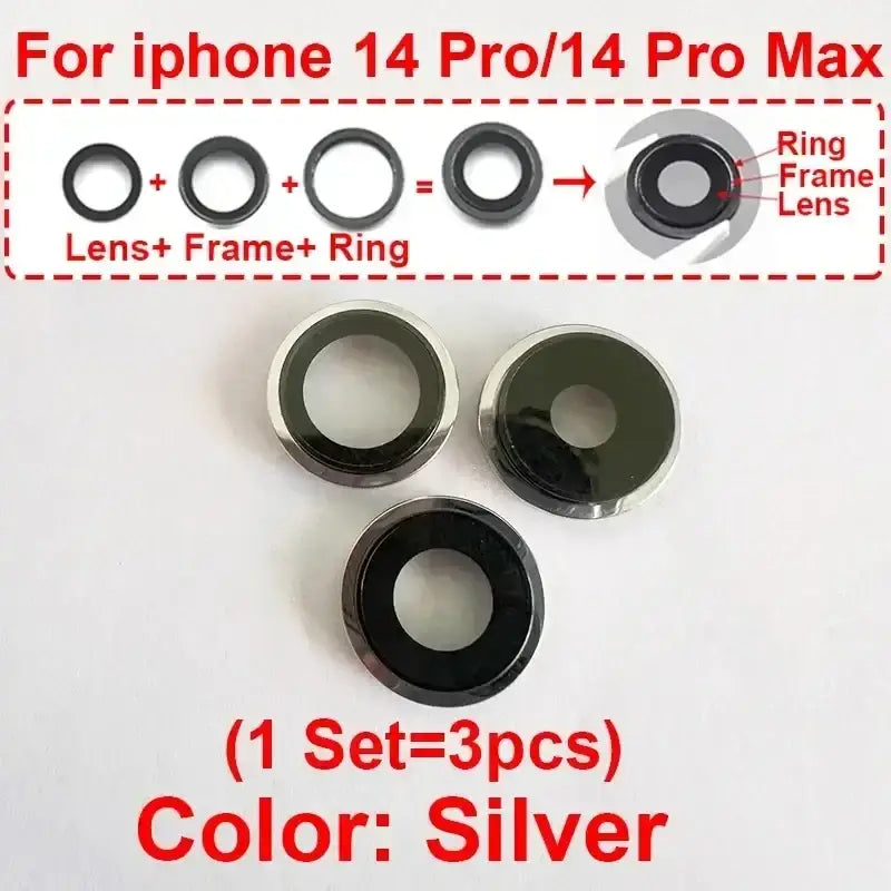 Silver camera lens ring set for iphone 14 pro max with sleek metallic finish and black inner components modname=ckeditor