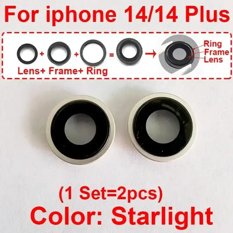 Starlight-colored iphone 14 series camera lens glass cover with black inner lens frame and silver outer ring modname=ckeditor