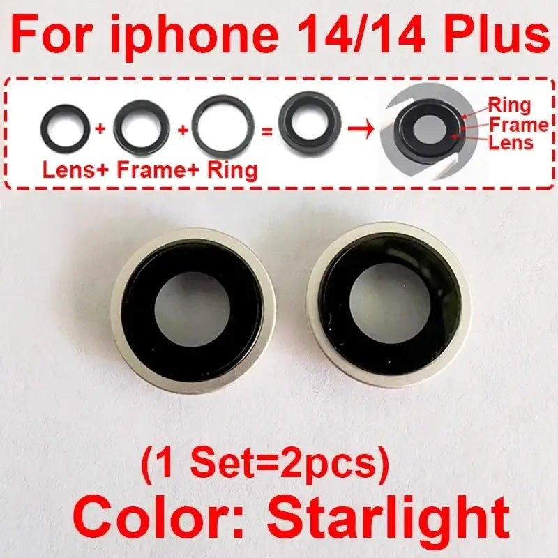 Starlight-colored iphone 14 series camera lens glass cover with frame assemblies showing back side for iphone 14 plus