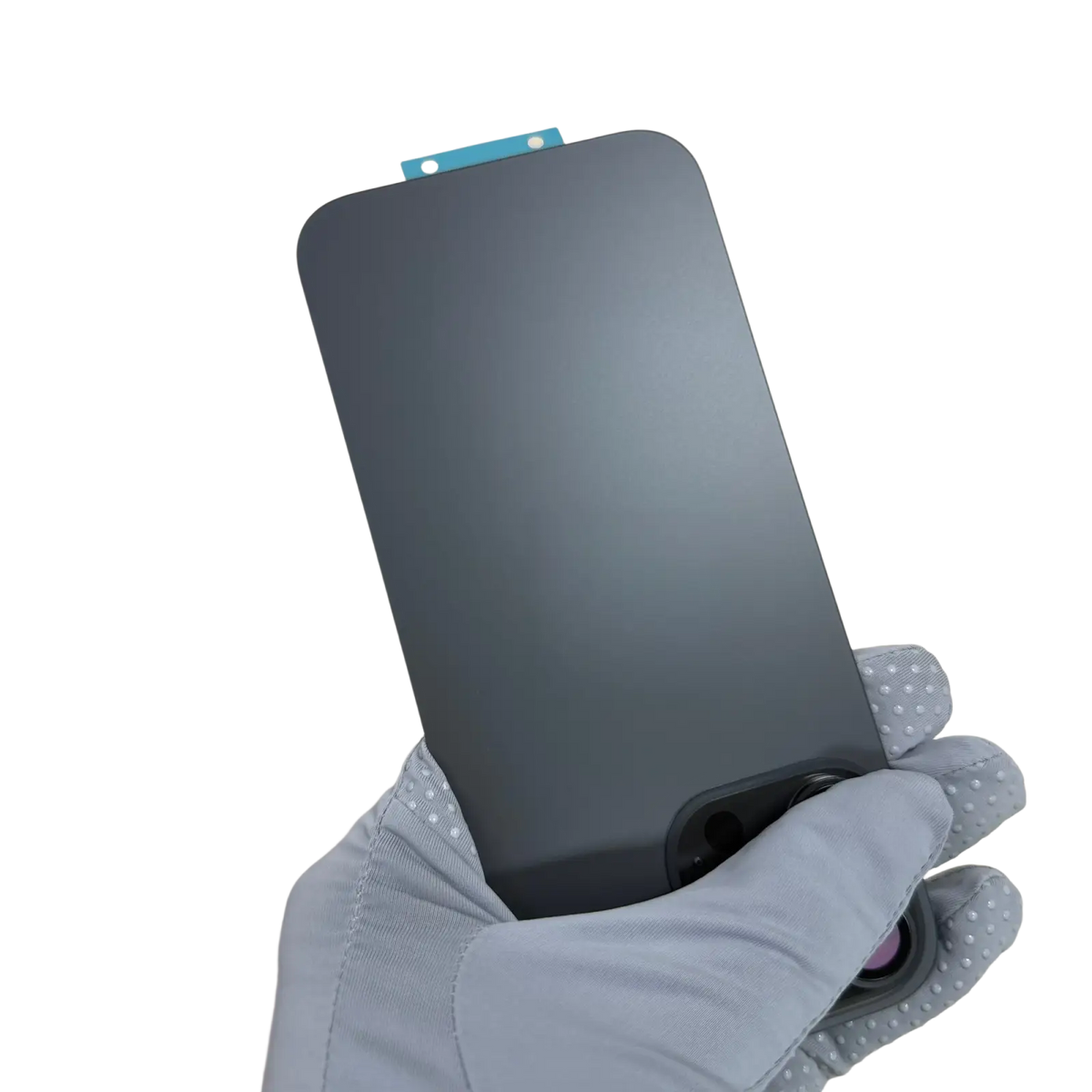 Black matte-finish glass back replacement screen protector for iphone 15 16 pro max held in a gloved hand