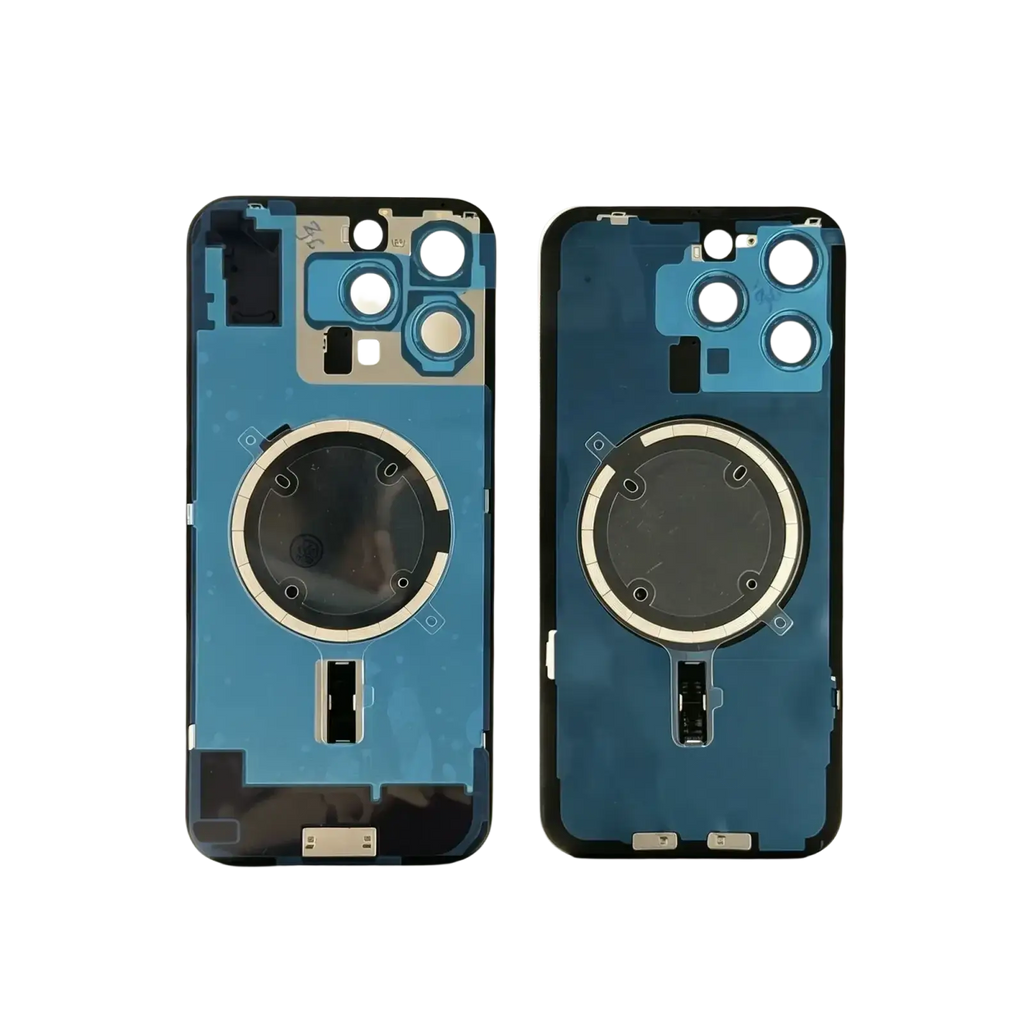 Blue iphone 14 pro max back panel showing pro max glass with circular magsafe coil and triple-camera module from mainland china