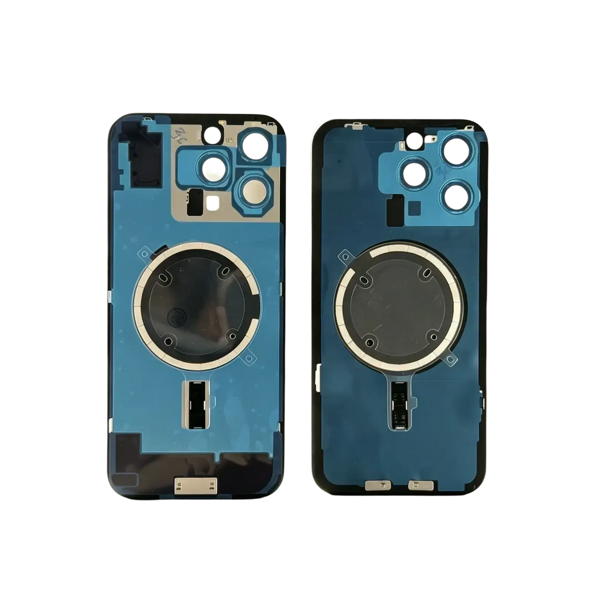 Blue iphone 14 pro max back panel showing pro max glass with circular magsafe coil and triple-camera module from mainland china