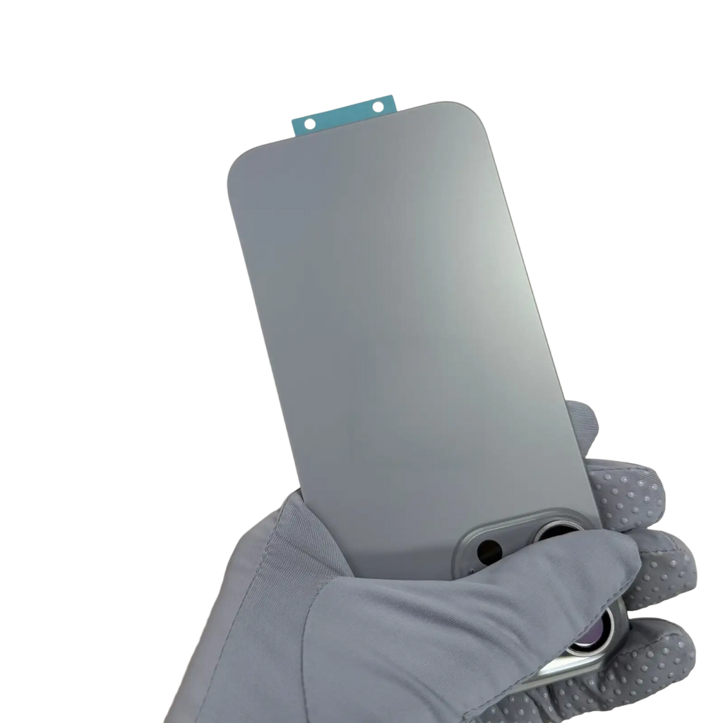 Iphone 15 16 pro max gray matte glass back replacement screen protector with blue adhesive strip at top