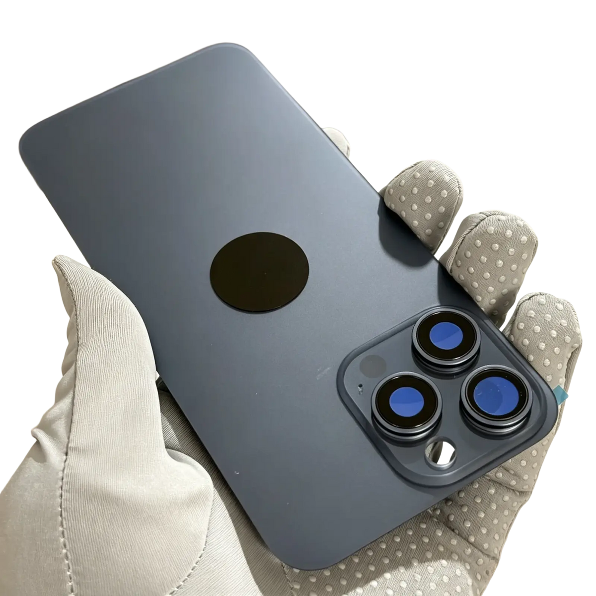 Iphone 15 16 pro max glass back replacement showing the back side of a sleek matte blue iphone 13 pro with magsafe pad