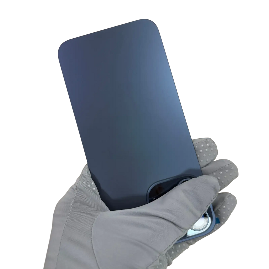 The back side of a sleek matte-finish dark blue iphone 15 16 pro max glass back replacement phone case with minimalist design