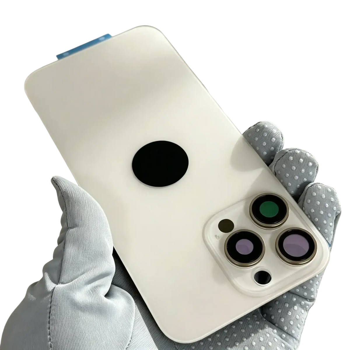 Back panel of white iphone 13 pro with matte finish and black circular camera cutout for iphone 15 pro max glass replacement from mainland china
