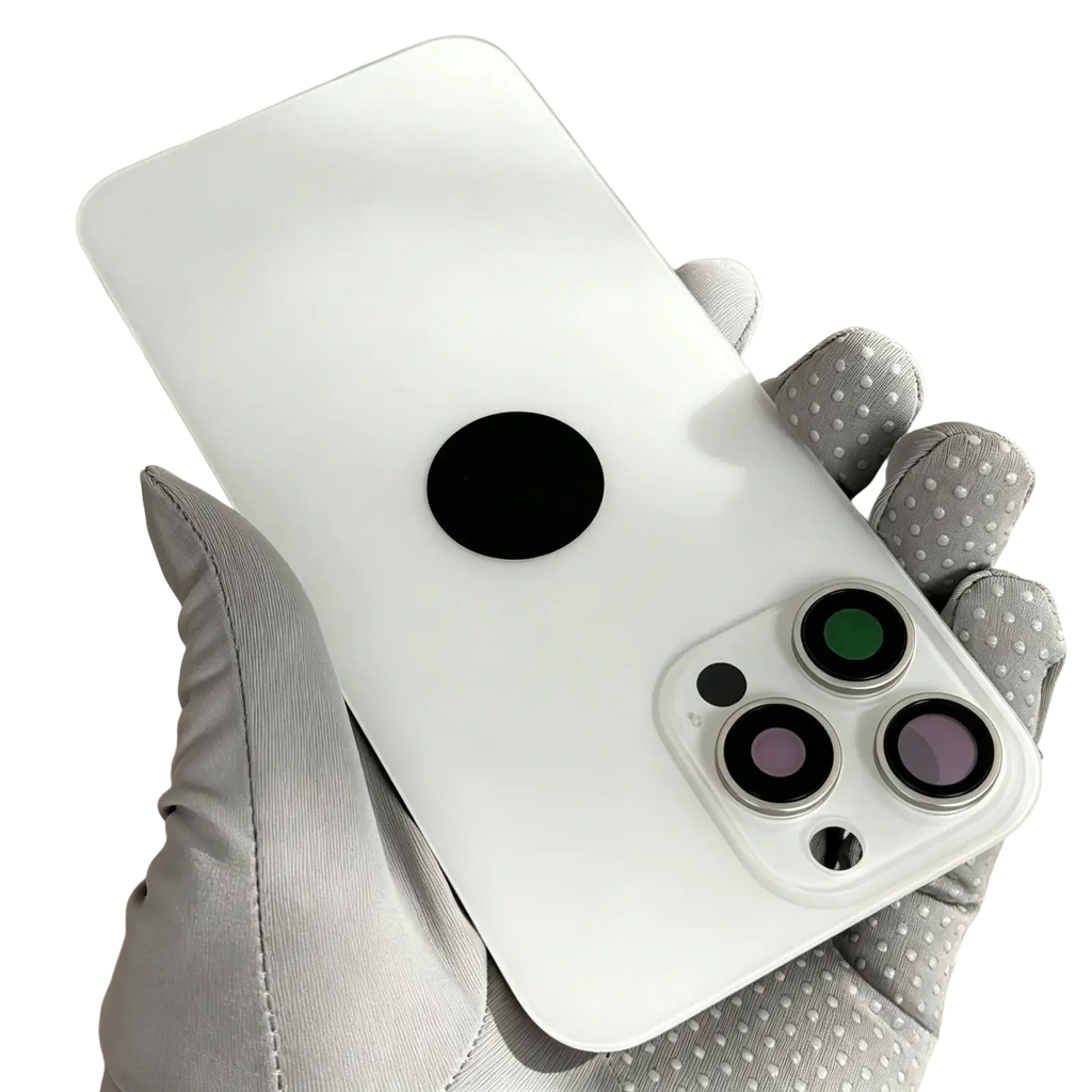 Back side of white matte iphone 15 16 pro max glass back replacement case with black circular magnet and triple camera cutouts