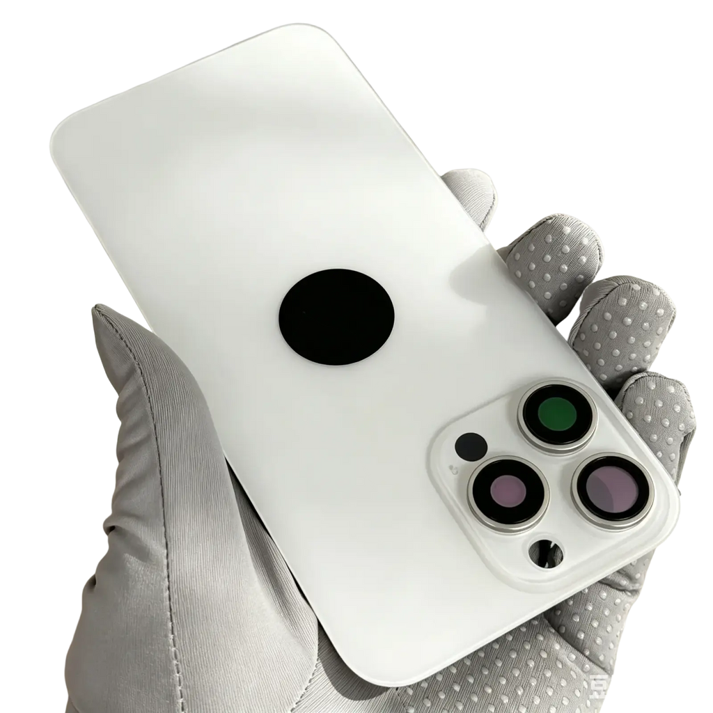 Back side of white matte iphone 15 16 pro max glass back replacement case with black circular magnet and silver camera housing