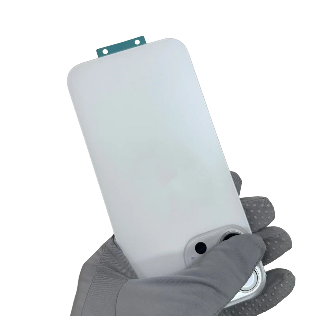 White iphone 15 16 pro max glass back replacement phone case with smooth matte finish and rounded edges shown from back