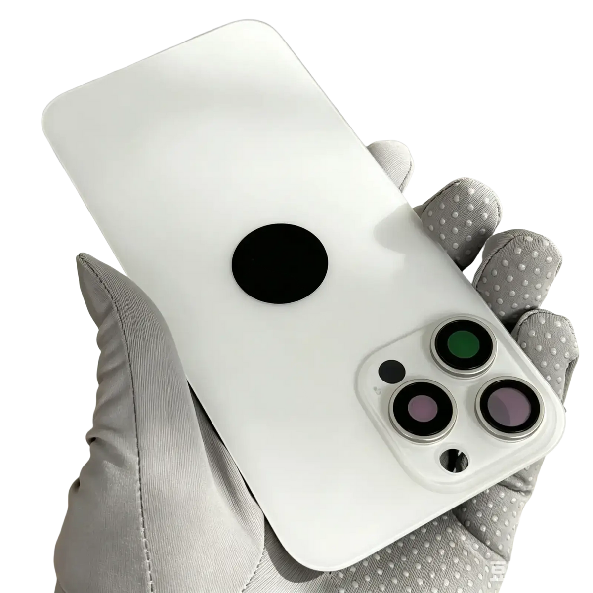 White iphone 15 pro max glass back replacement from mainland china with minimalist design and triangular triple lens camera cutout
