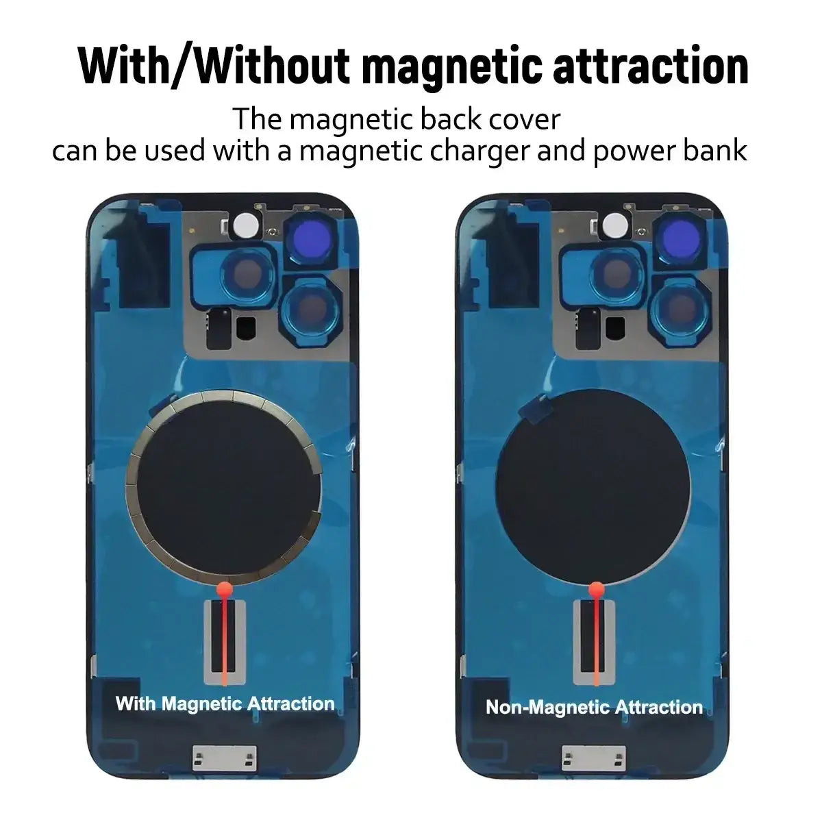 Blue transparent magnetic back cover glass for iphone 13 pro max showing camera cutout and charging coil for plus replacement