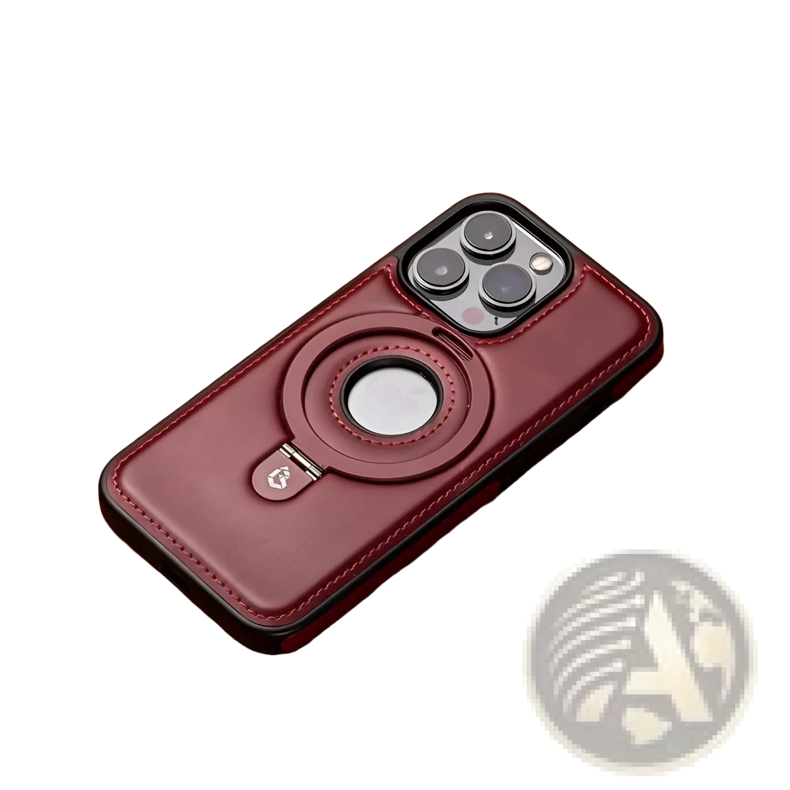 Iphone 16 pro max magnetic leather case with stand showing back side in rich burgundy leather with circular magnetic ring and black stitching