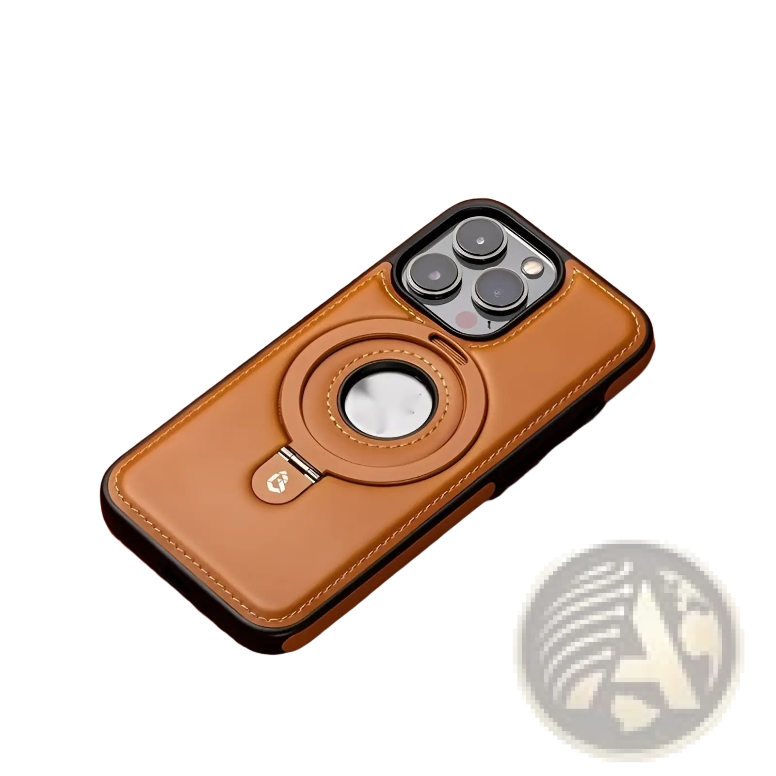 Back side of brown leather iphone 16 pro max magnetic case with circular magnetic ring stand and black trim
