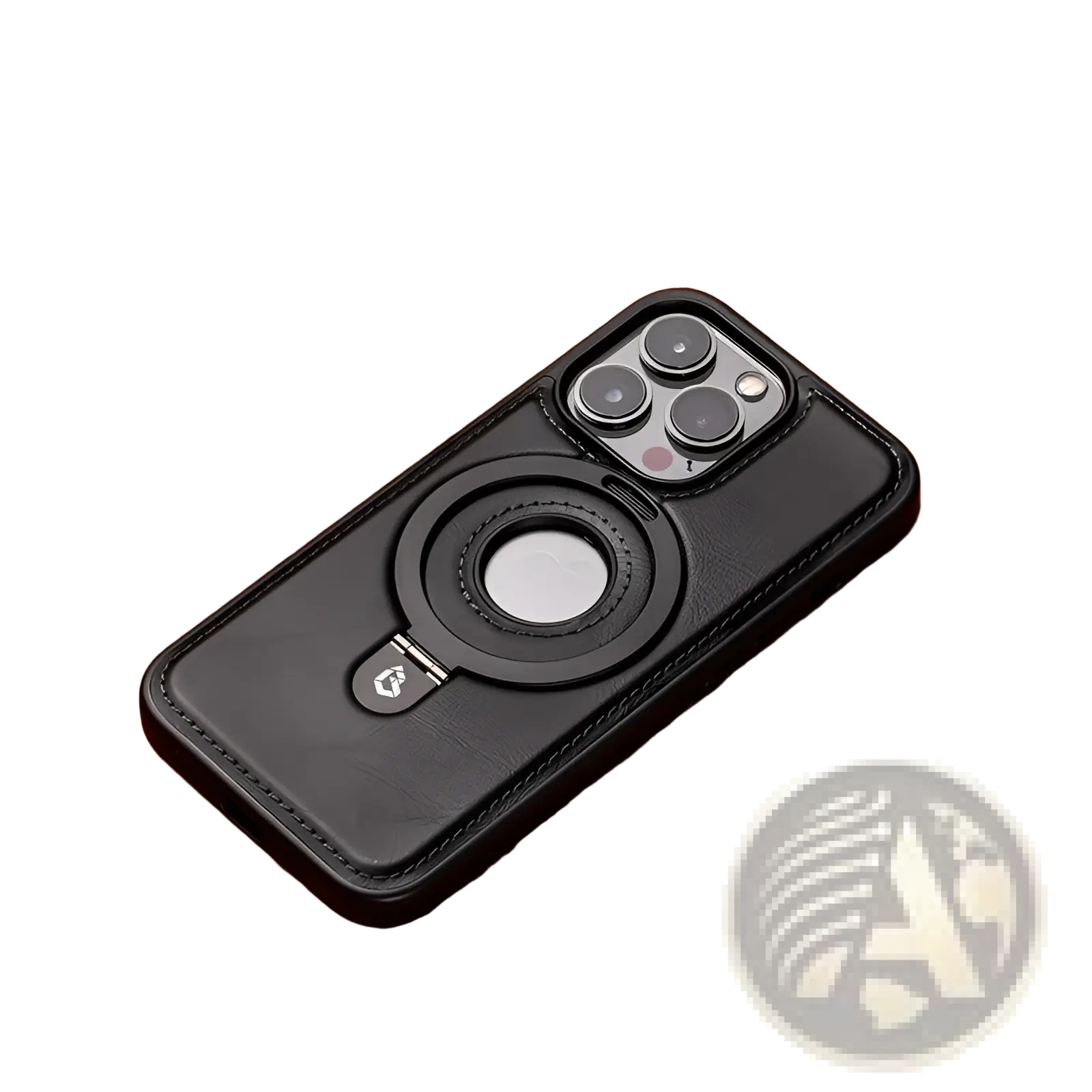 Black leather iphone 16 pro max magnetic case with circular ring stand and stitched edges shown from the back side