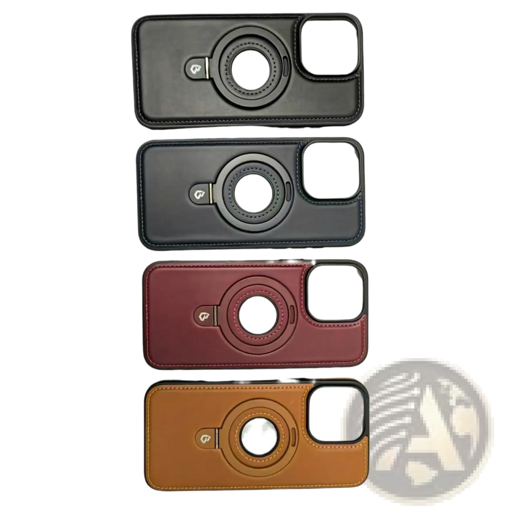 Back side of black maroon and tan iphone 16 pro max magnetic leather cases with built-in rotating ring stand