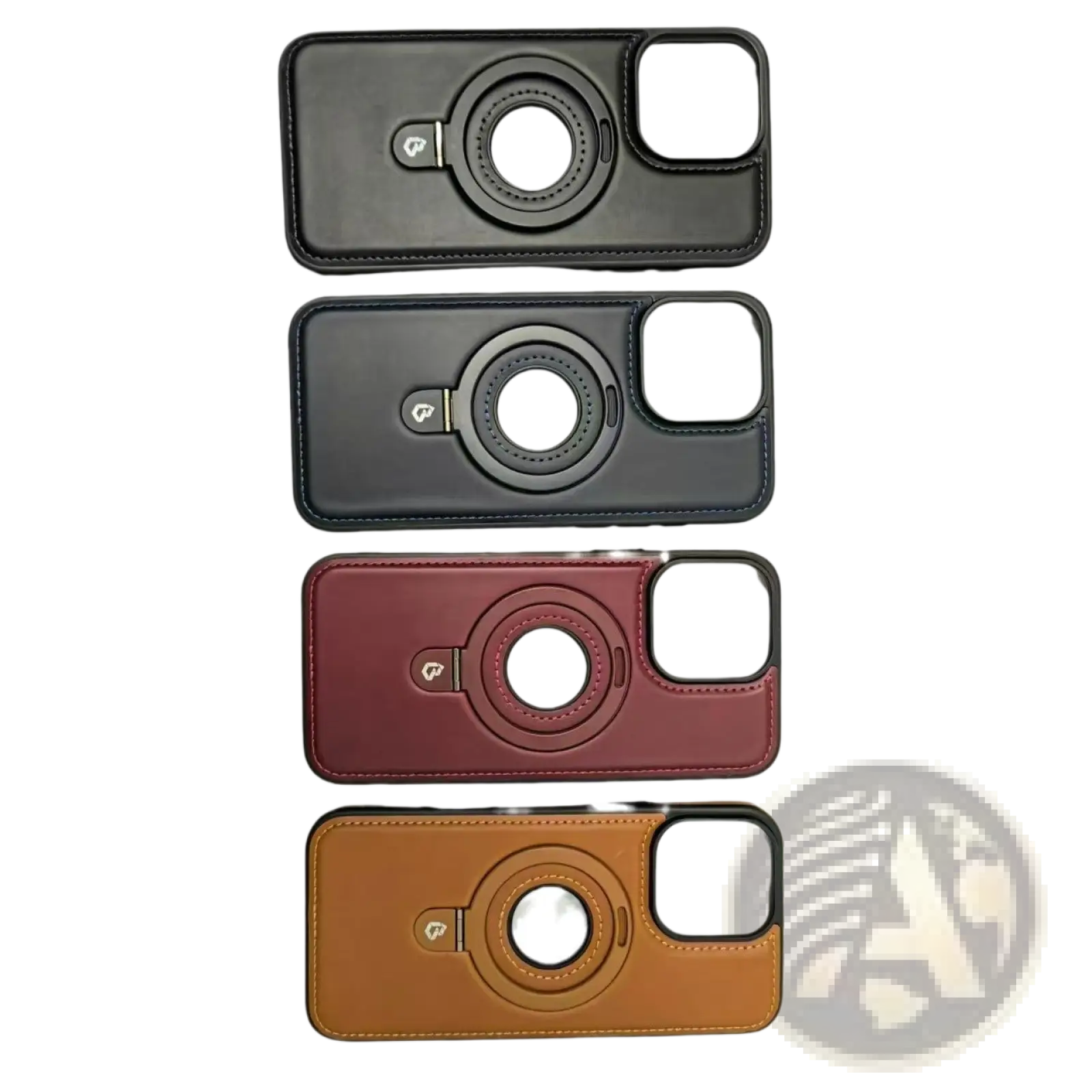 Back side of black maroon and tan iphone 16 pro max magnetic leather cases with built-in rotating ring stand