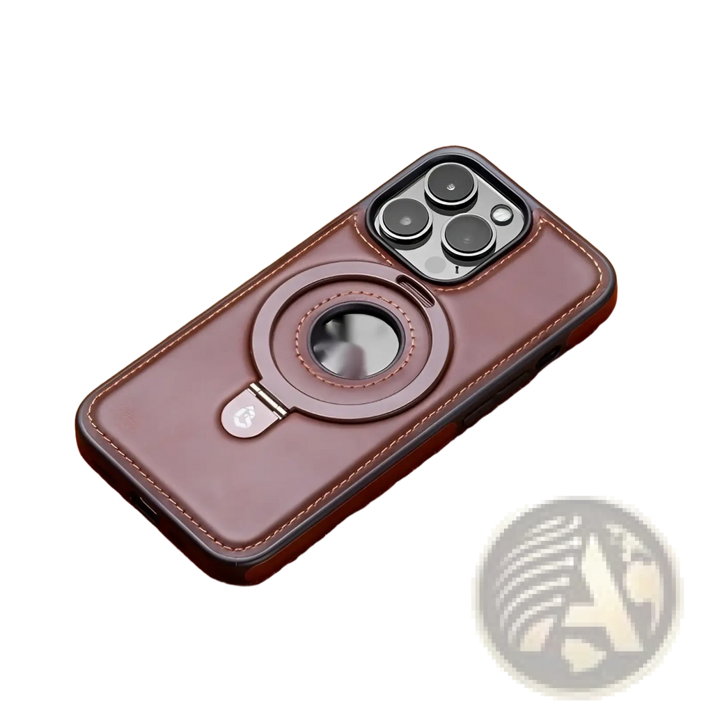 Brown leather iphone 16 pro max magnetic case with circular magnetic ring and stitched edges shown from back side