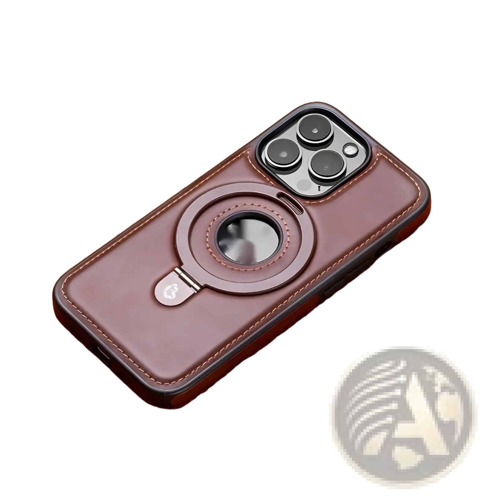 Brown leather iphone 16 pro max magnetic case with circular magnetic ring and stitched edges shown from back side