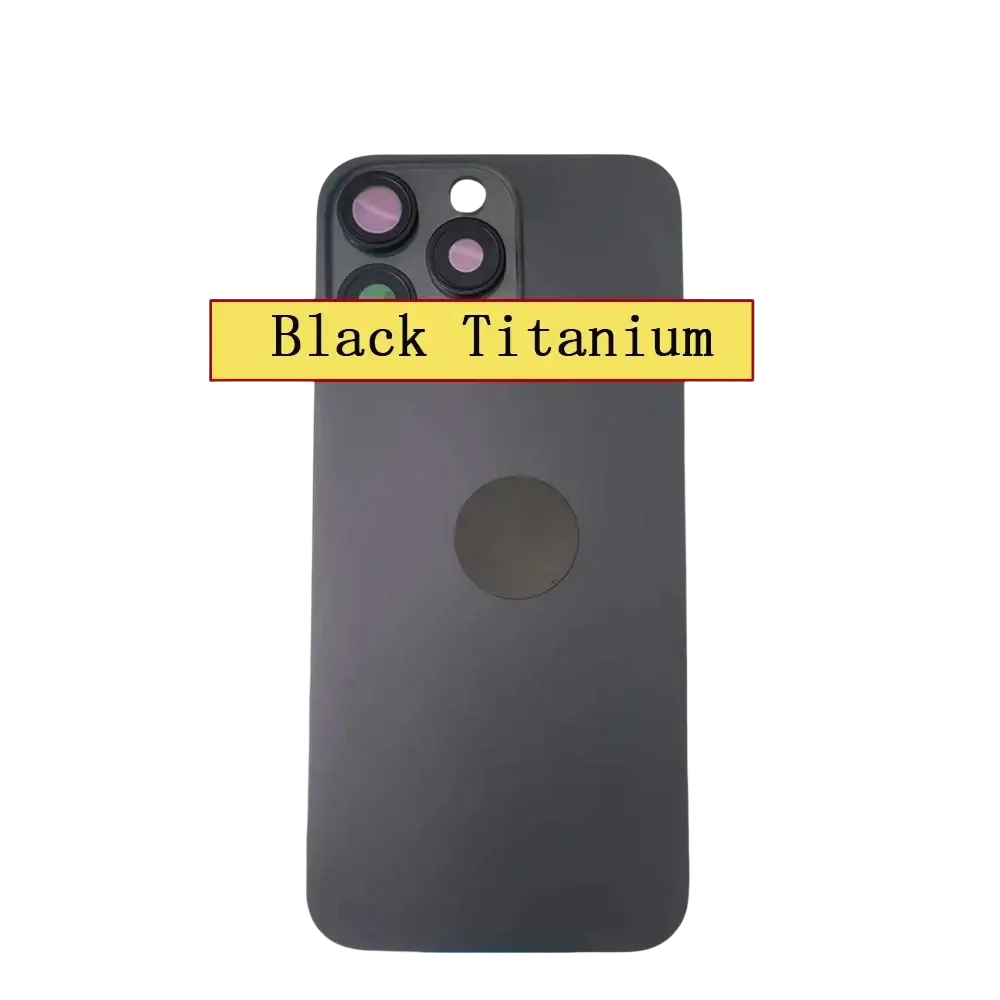 Black titanium back glass for iphone 16 pro max with matte finish and precise camera lens cutouts for easy installation
