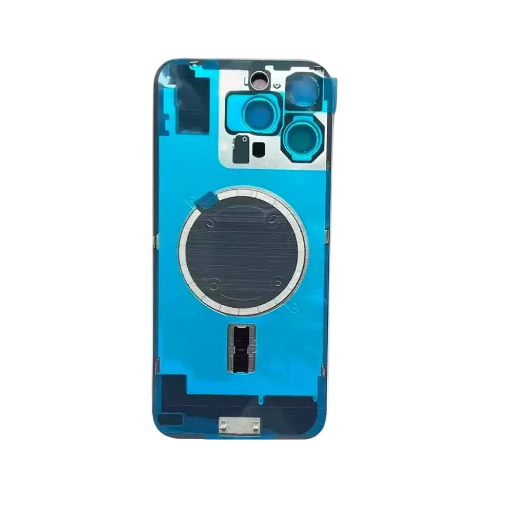 Blue iphone 16 pro max replacement back glass with triple camera lens and circular magsafe coil for easy installation