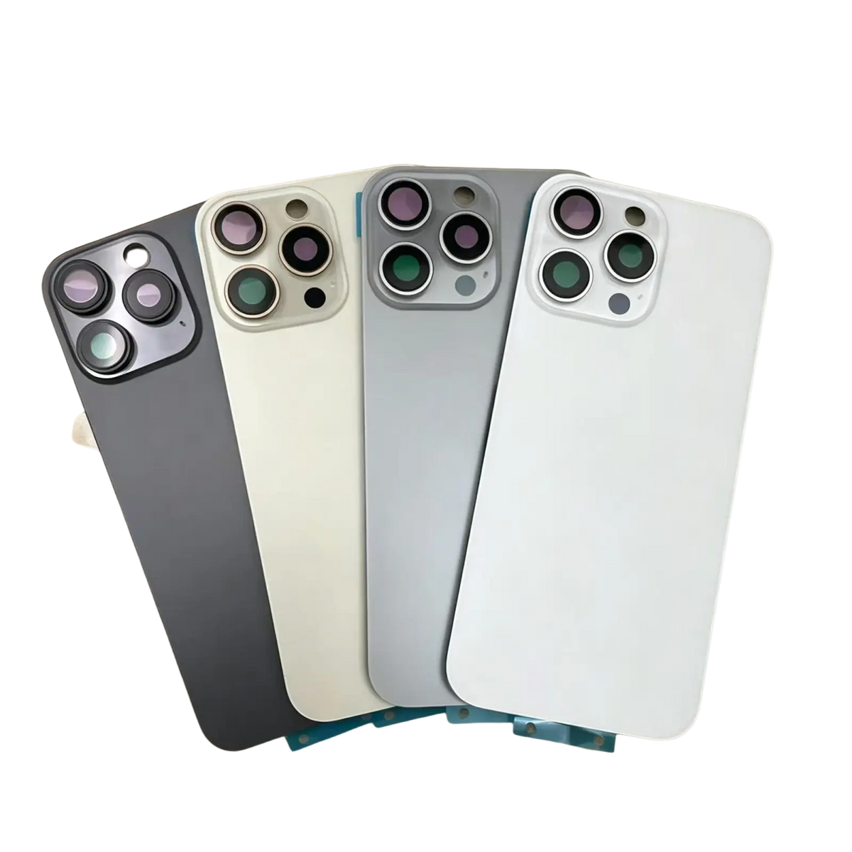 Iphone 16 pro max replacement back glass panels in black white and gray with matte finish and camera lens cutouts for broken glass repair