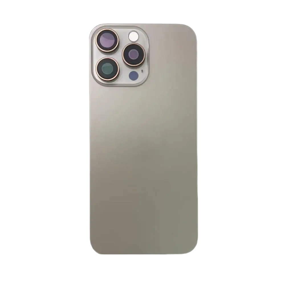 Back side of a sleek matte silver iphone 16 pro max replacement back glass with triple camera lens and easy installation