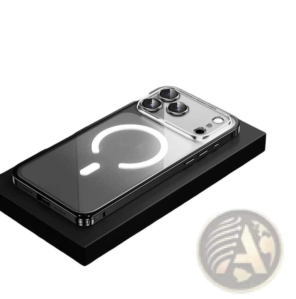 Back side of a cool black magnetic metal frame clear case for iPhone 17 Pro with a transparent back and illuminated charging ring