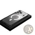 Back side of a cool black magnetic metal frame clear case for iPhone 17 Pro with a transparent back and illuminated charging ring