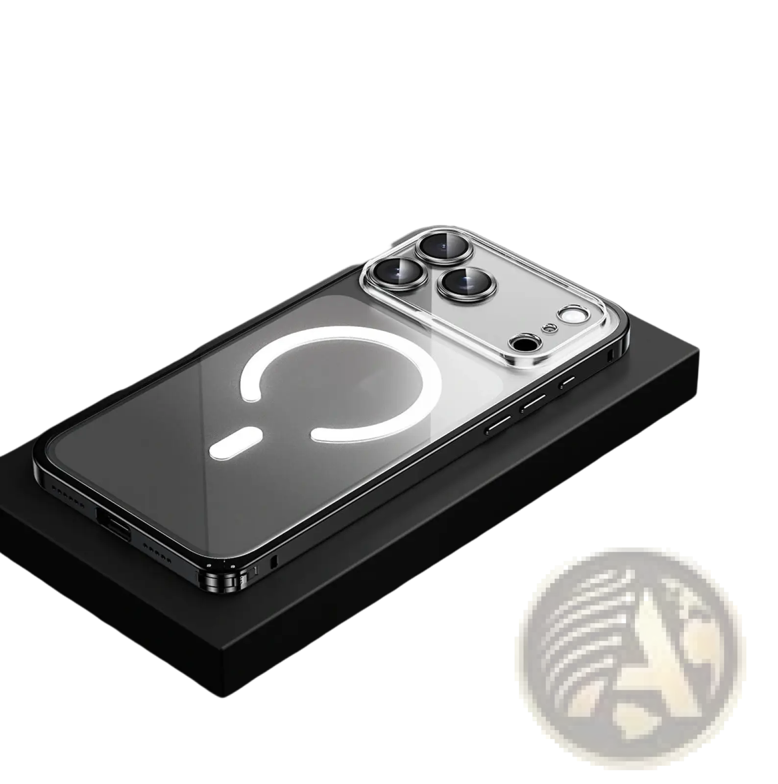 Back side of a cool black magnetic metal frame clear case for iPhone 17 Pro with a transparent back and illuminated charging ring