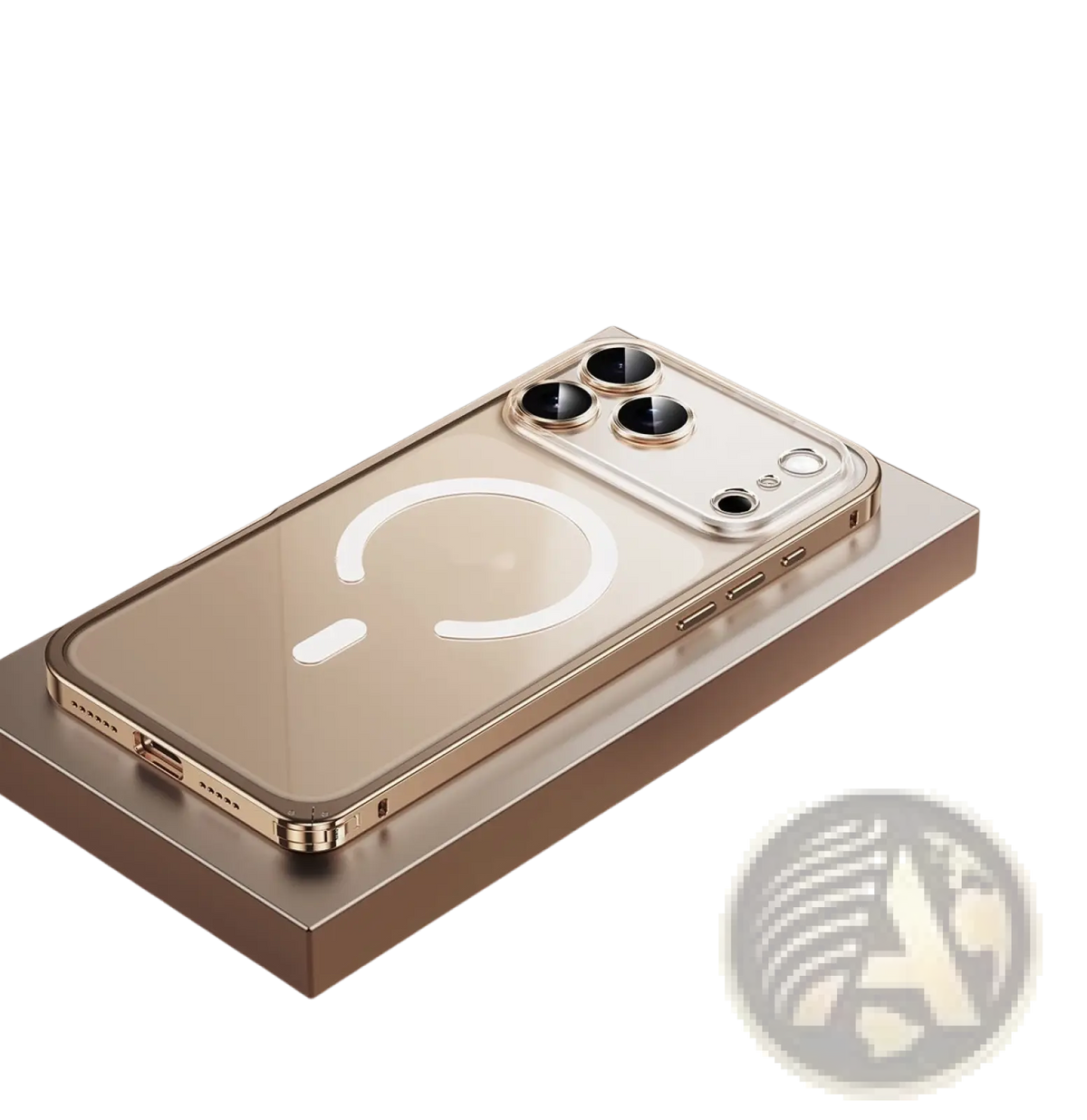 Back side of iphone 17 pro magnetic metal frame clear case with desert gold magnetic edges and transparent back