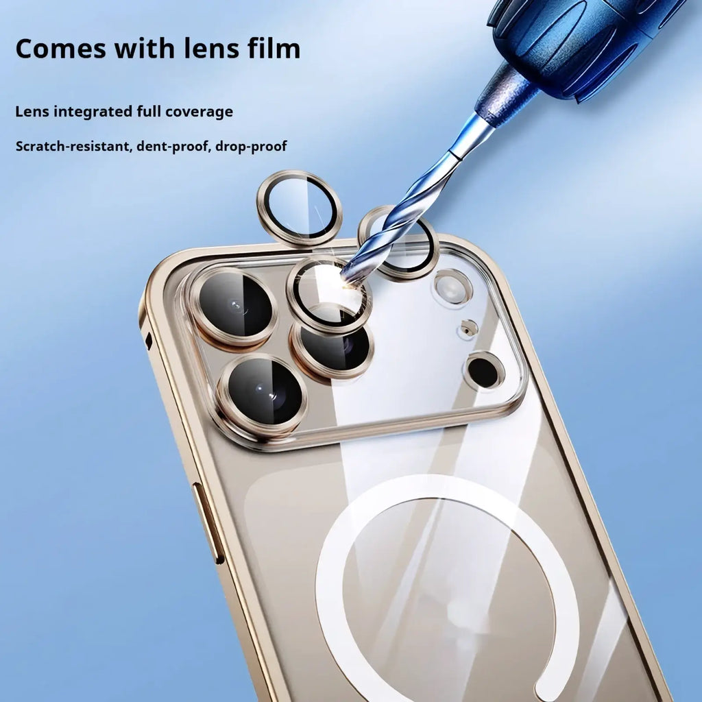 Gold-colored phone lens protector with full coverage scratch-resistant dent-proof design for iphone 17 pro magnetic metal frame clear case back side
