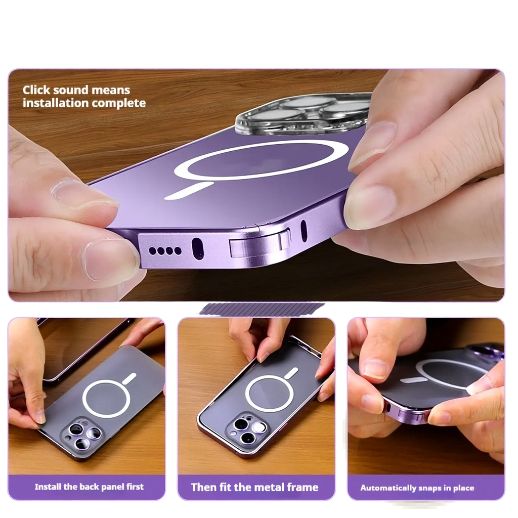 Back side of iphone 17 pro magnetic metal frame clear case in purple with sleek metallic frame and circular white logo