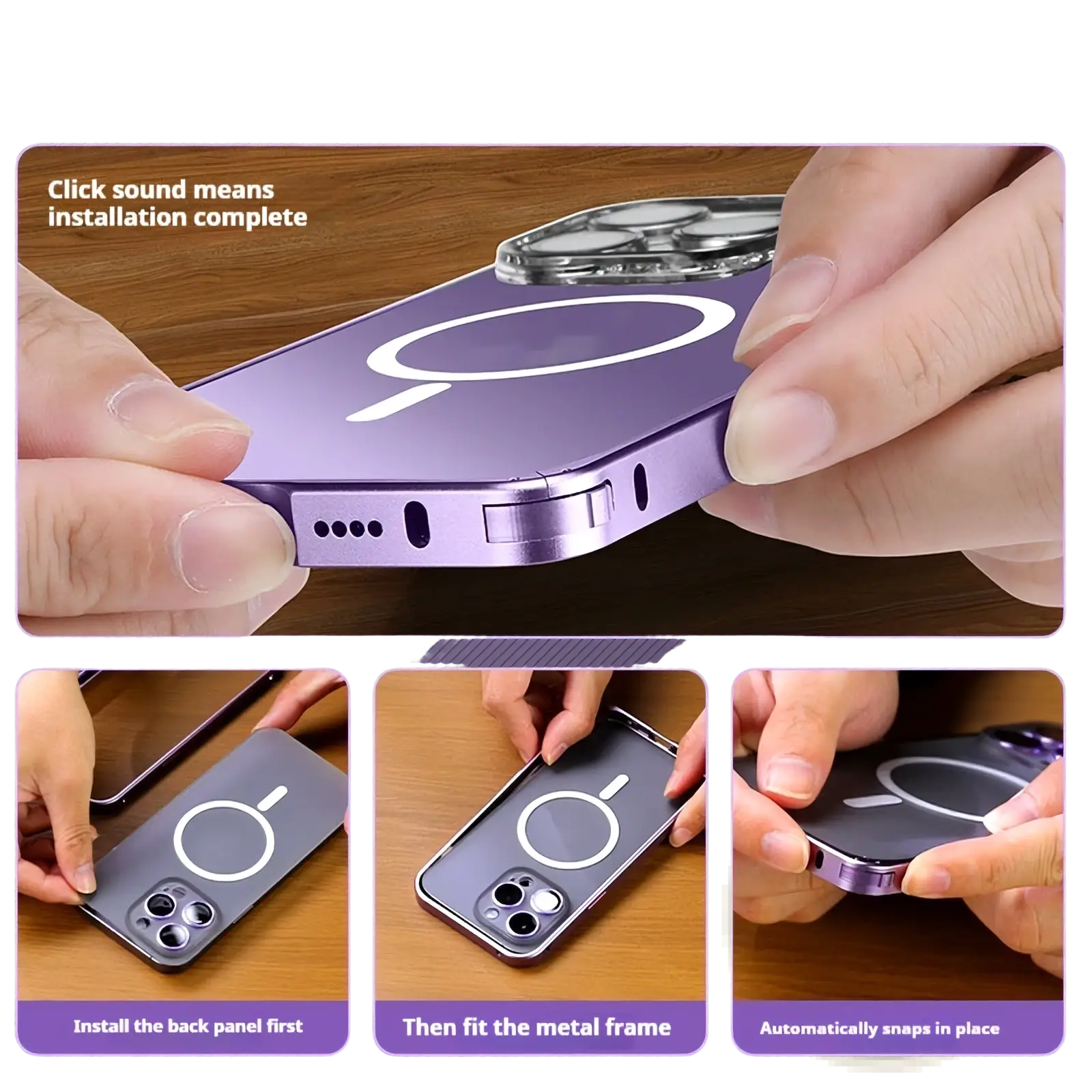 Back side of iphone 17 pro magnetic metal frame clear case in purple with sleek metallic frame and circular white logo
