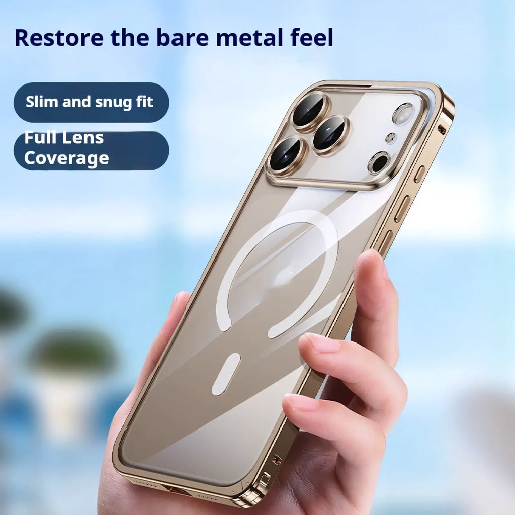 Back view of an iPhone 17 Pro magnetic metal frame clear case with gold-colored transparent material and magnetic charging ring design