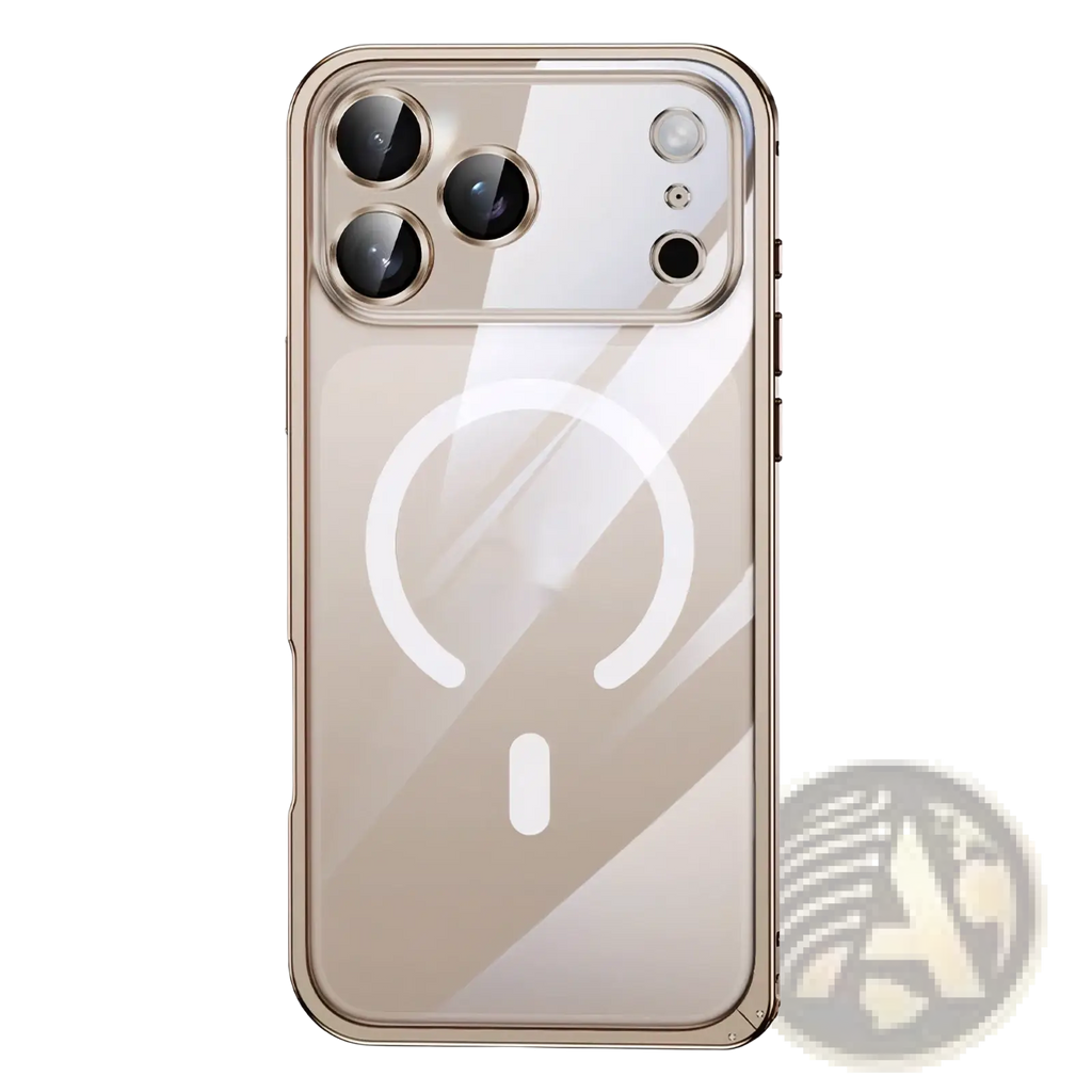 IPhone 17 Pro magnetic metal frame clear case showing transparent gold-colored phone case with magnetic charging ring on back side