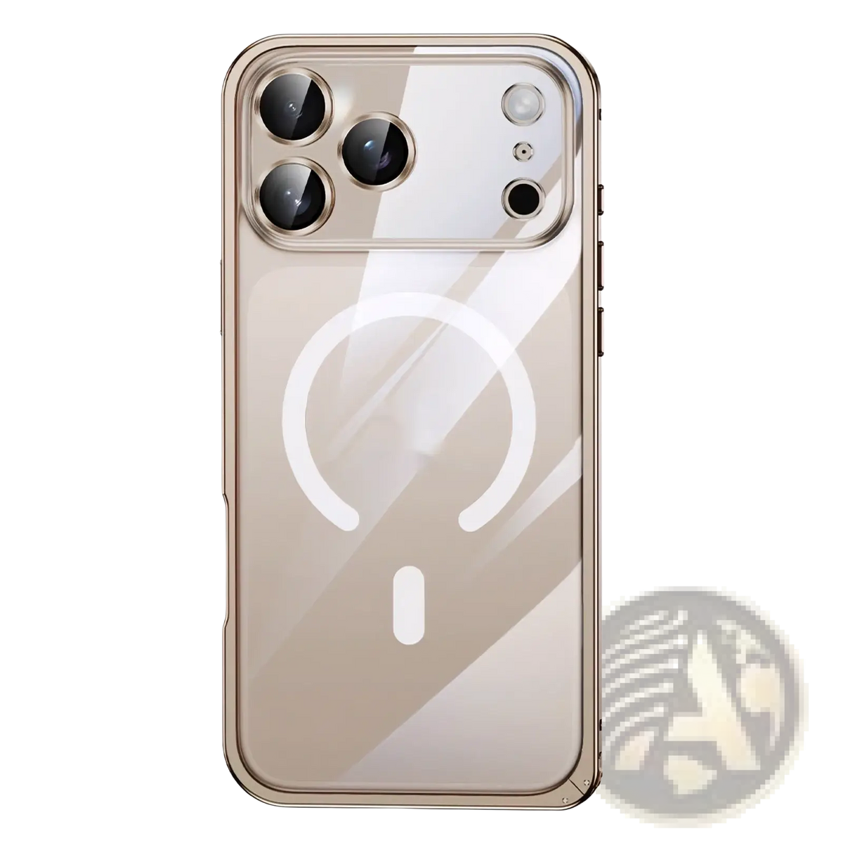IPhone 17 Pro magnetic metal frame clear case showing transparent gold-colored phone case with magnetic charging ring on back side