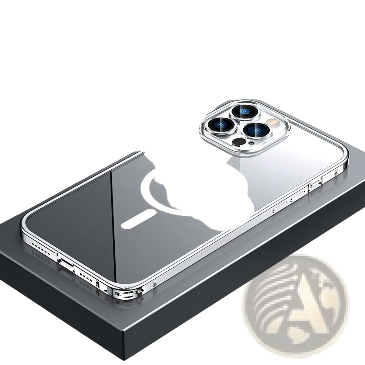 Elegant silver iphone 17 pro magnetic metal frame clear case showing the back side with transparent back and metallic frame