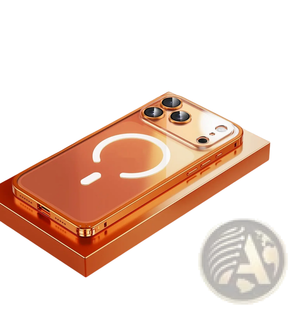 Back side of vibrant orange transparent iphone 17 pro magnetic metal frame clear case with gold trim and charging symbol