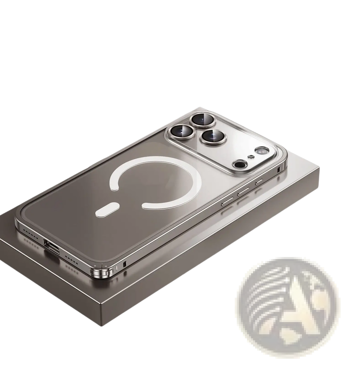 Back side of titanium gray iphone 17 pro magnetic metal frame clear case with sleek metallic finish and circular charging pad