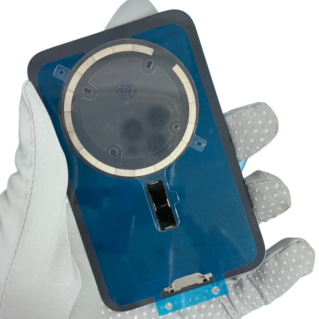 Blue iphone 17 pro max battery cover replacement glass showing back side with magsafe magnetic charging coil and black bezel