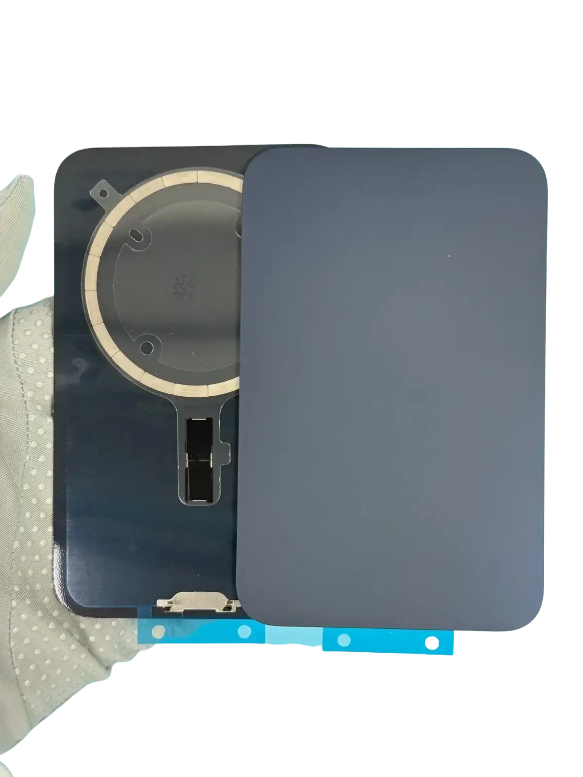 Dark gray matte-finish glass back panel for iphone 17 pro max battery cover with magsafe coil and precise cutouts