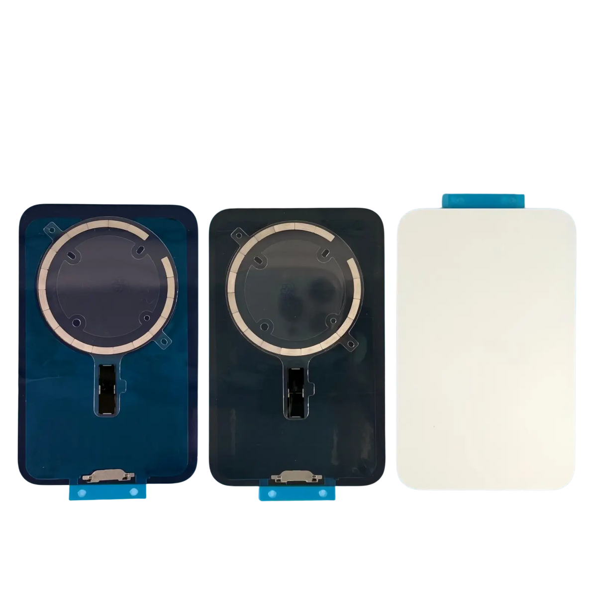 Black wireless charging coils with circular magnetic rings on the back side of iphone 17 pro max battery cover replacement glass