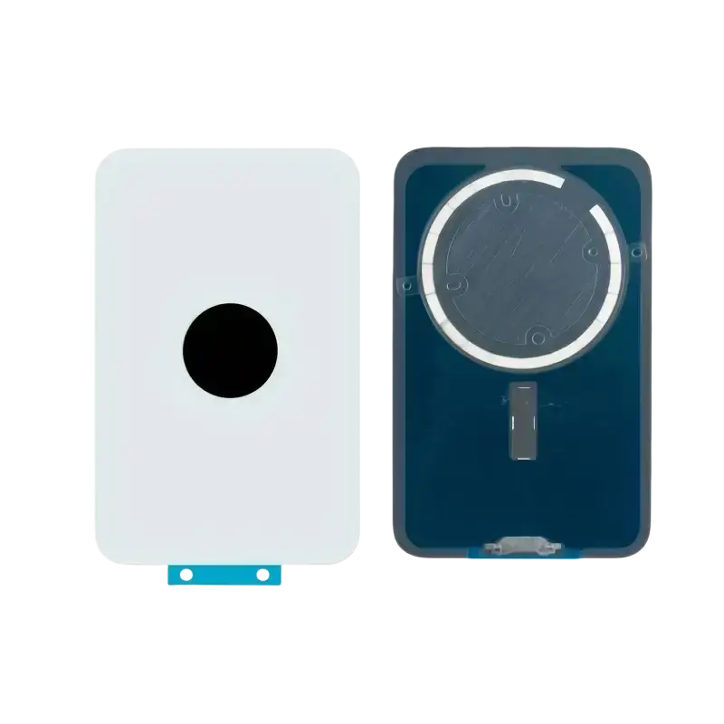 White and blue iPhone 14 Pro Max battery cover replacement glass with magnetic ring design shown from back side
