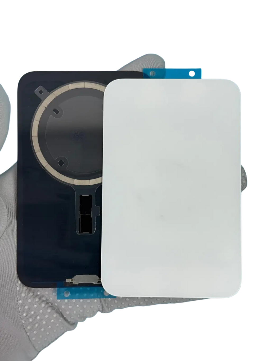 White rectangular screen protector for iphone 14 pro max shown with black magnetic charging coil for iphone 17 pro max battery cover replacement glass